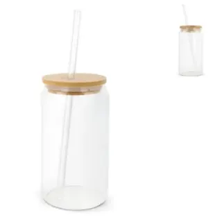 Glass with bamboo lid & straw 450 ml - LT98320 (gadzety reklamowe)